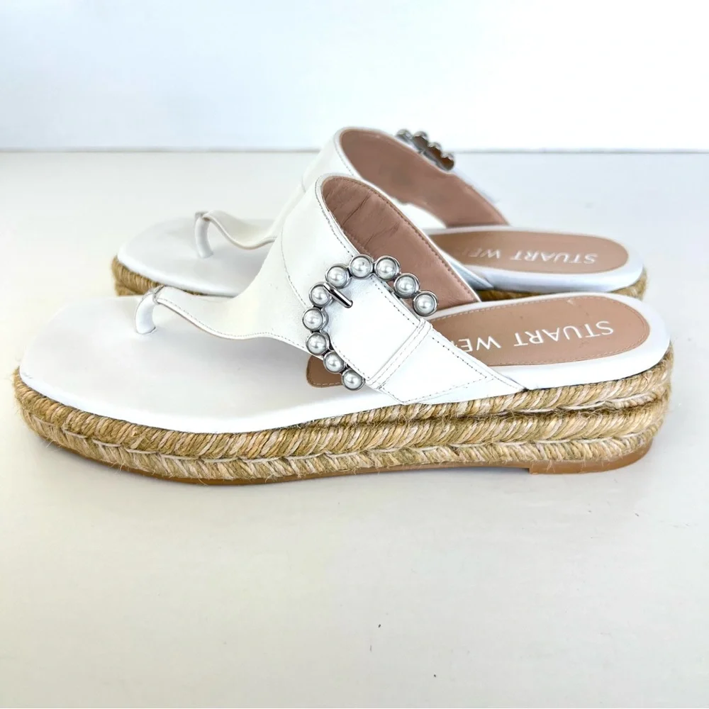 STUART WEITZMAN White Leather Pearl Buckle Thong Slip Espadrille Sandals Sz 6.5